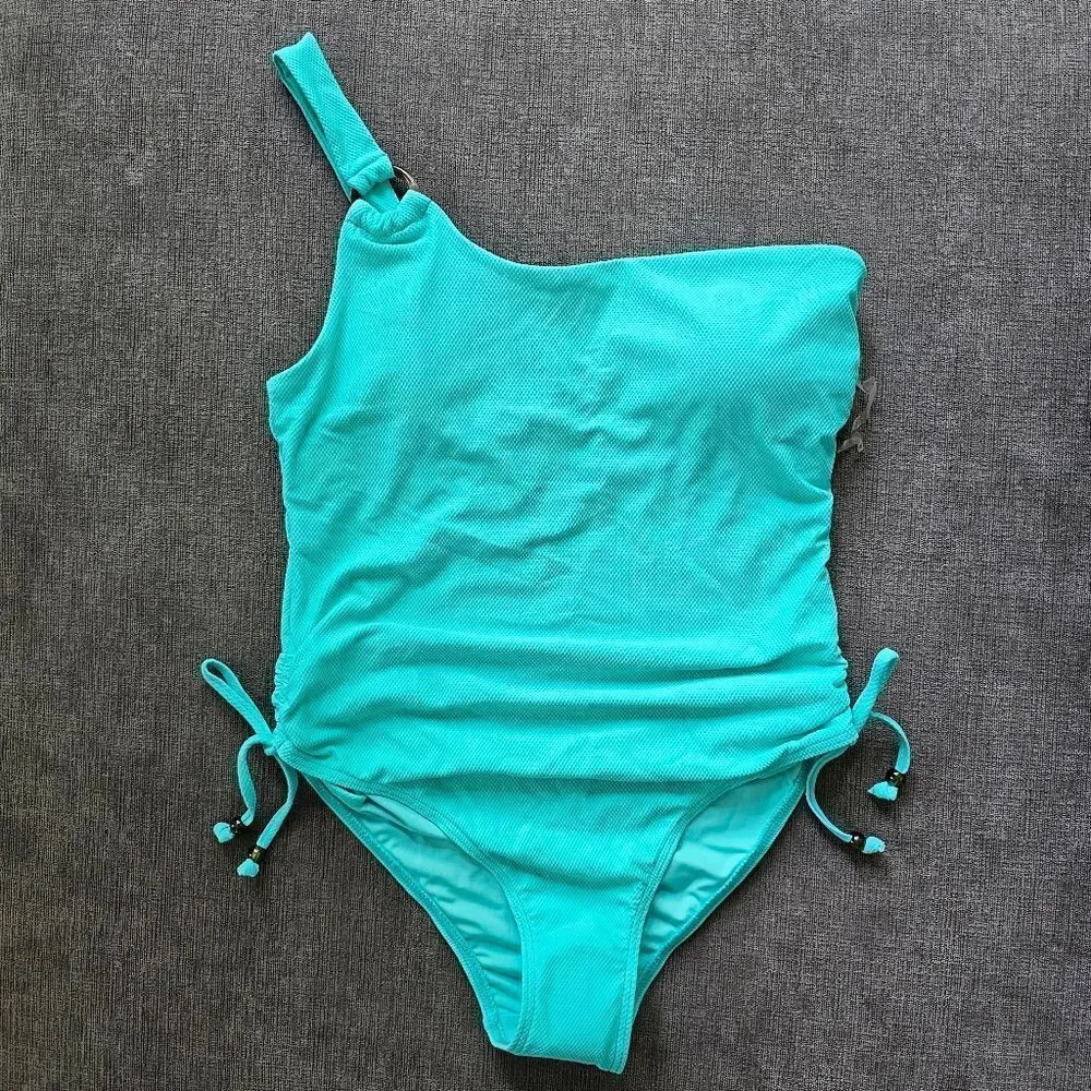 Maree Maree woman's green one shoulder asymmetrical O strap swimsuit Size 8